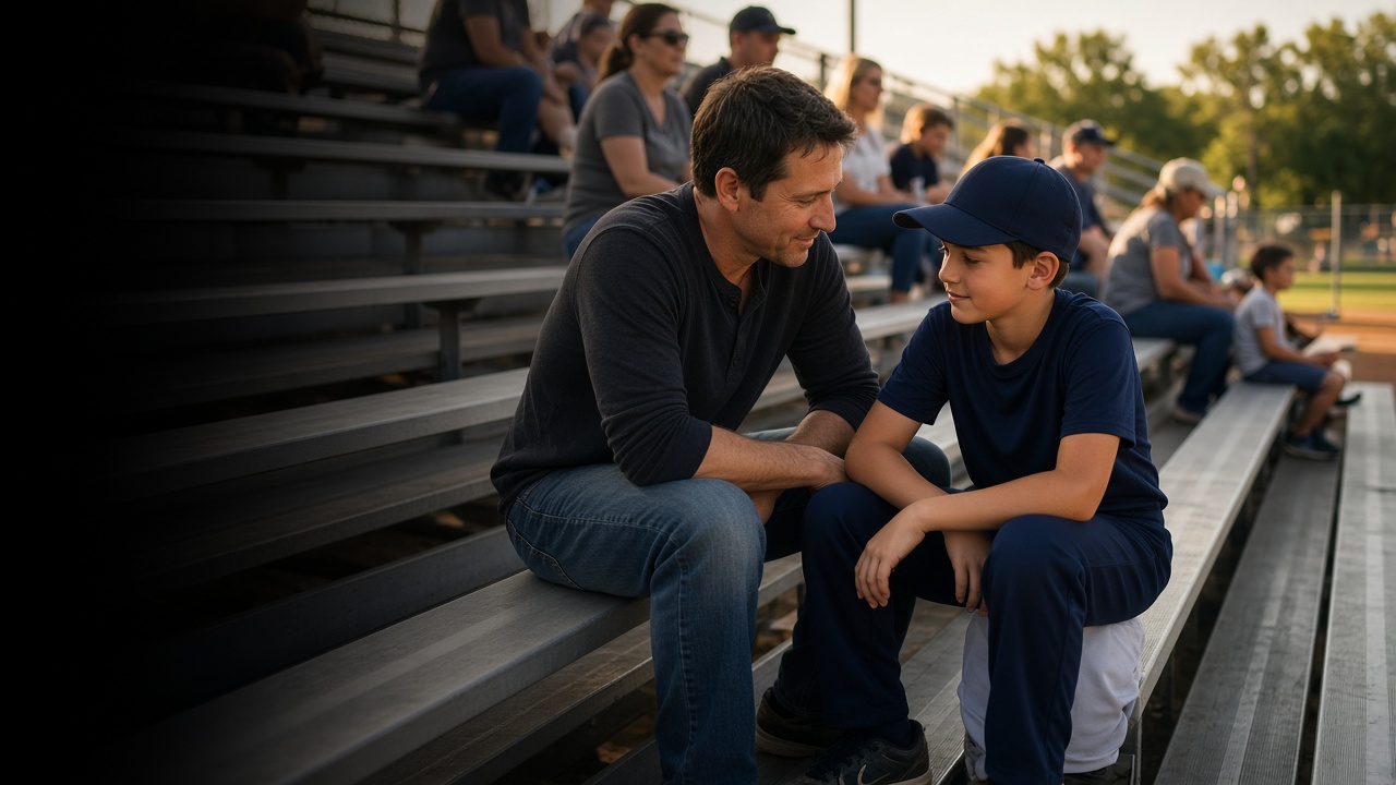 A parent and a young baseball player sit together in the bleachers at a community game