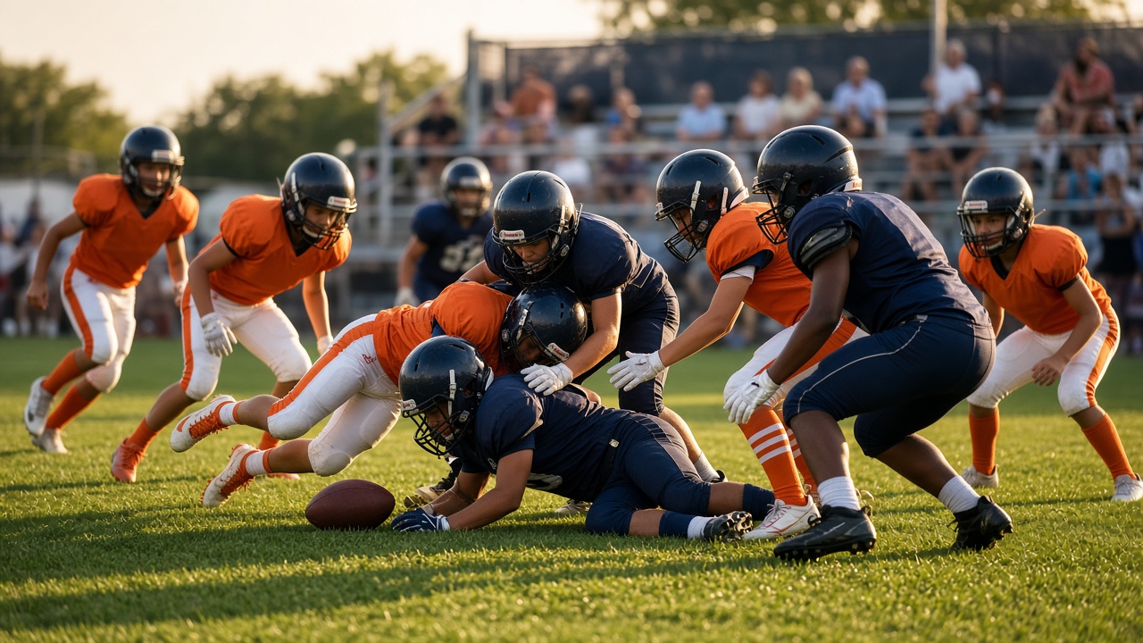 Youth football players reach for the ball during a community game