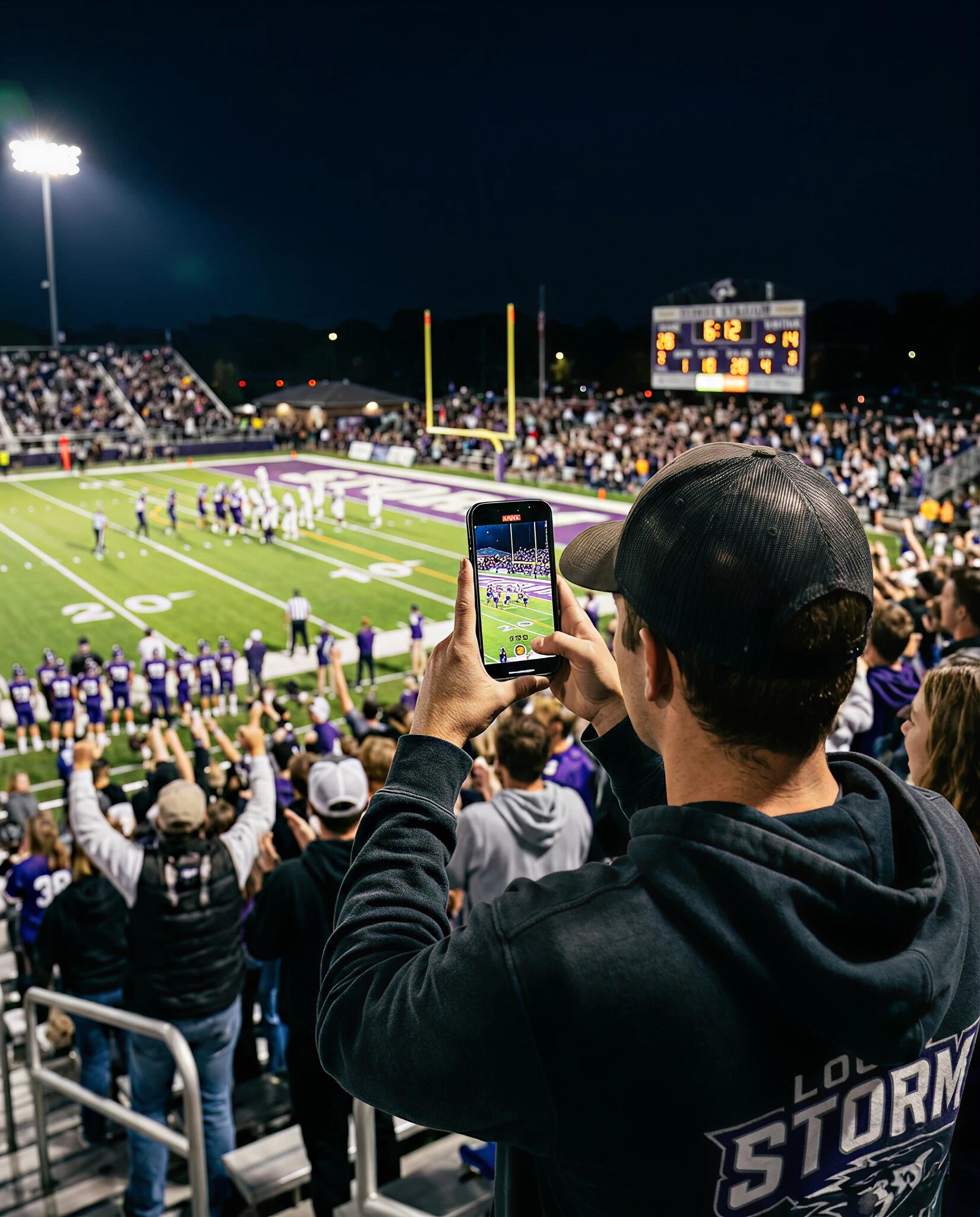 Fan filming a local game on his phone from the stands