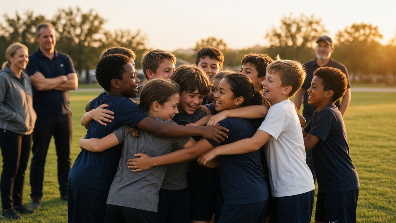 A youth team celebrates together on a local field while parents and coaches look on