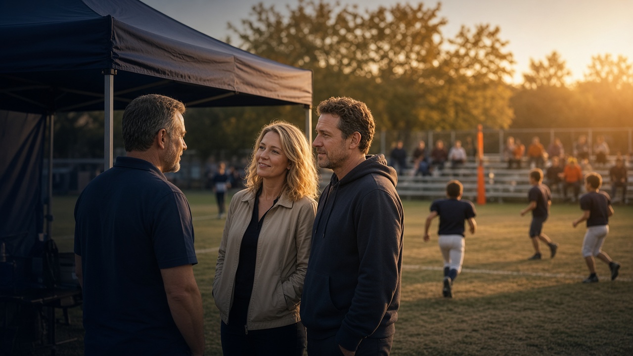 A local business owner talks with parents beside a sideline tent during a youth football game