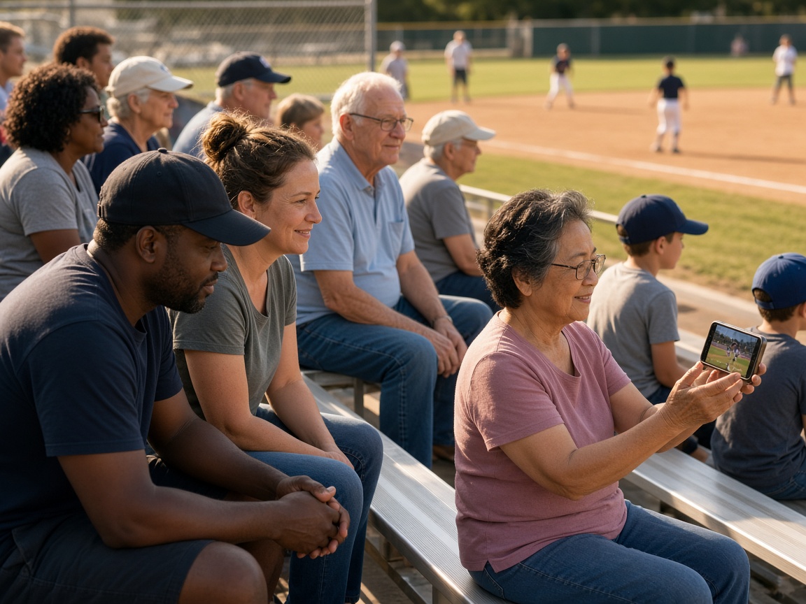 Parents and grandparents watch a youth baseball game from the bleachers