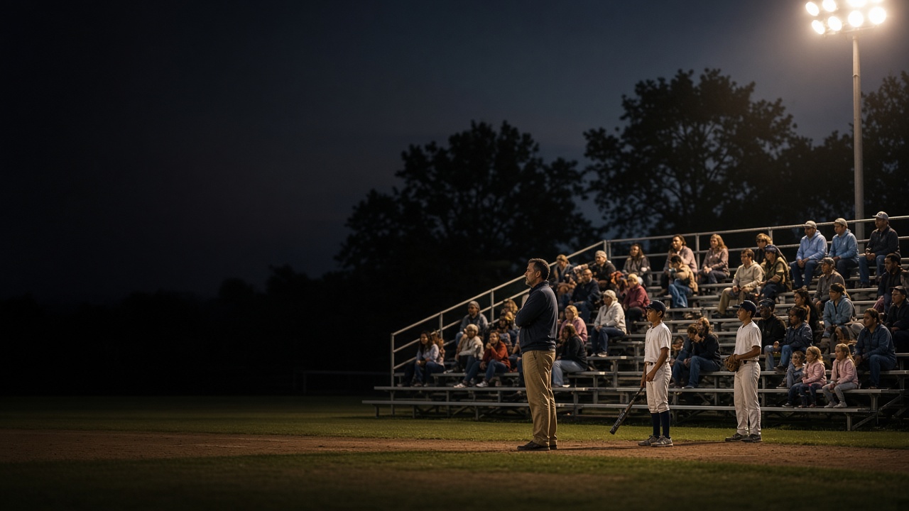 A local business owner stands with youth baseball players in front of a crowded bleacher at night