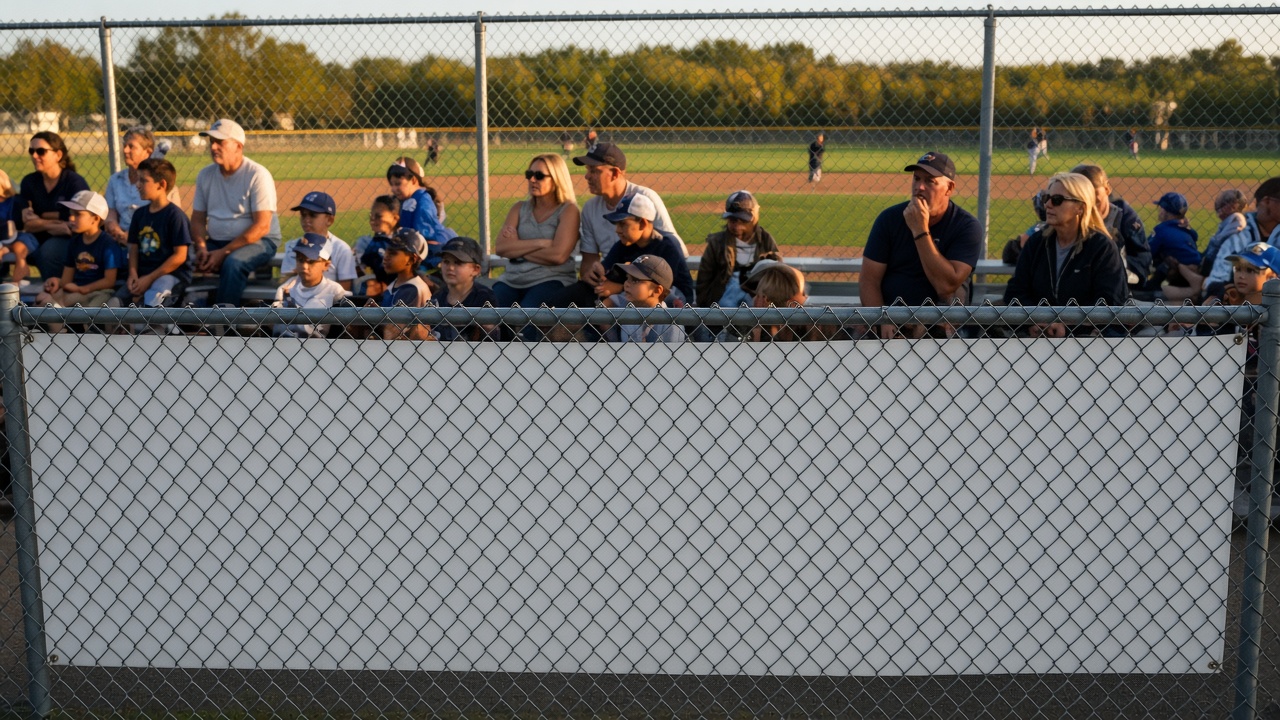 Families watch a youth baseball game from the bleachers behind a blank banner on the fence