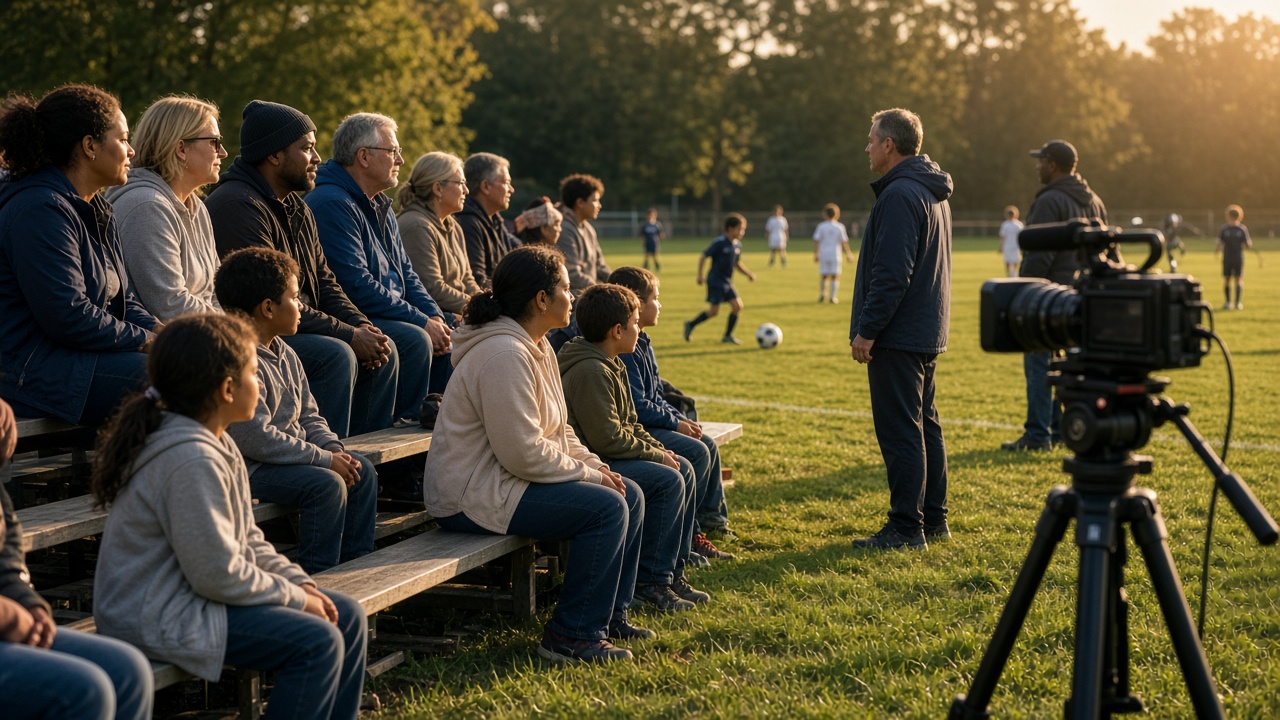 Families and a coach watch a youth soccer game while a camera films from the sideline