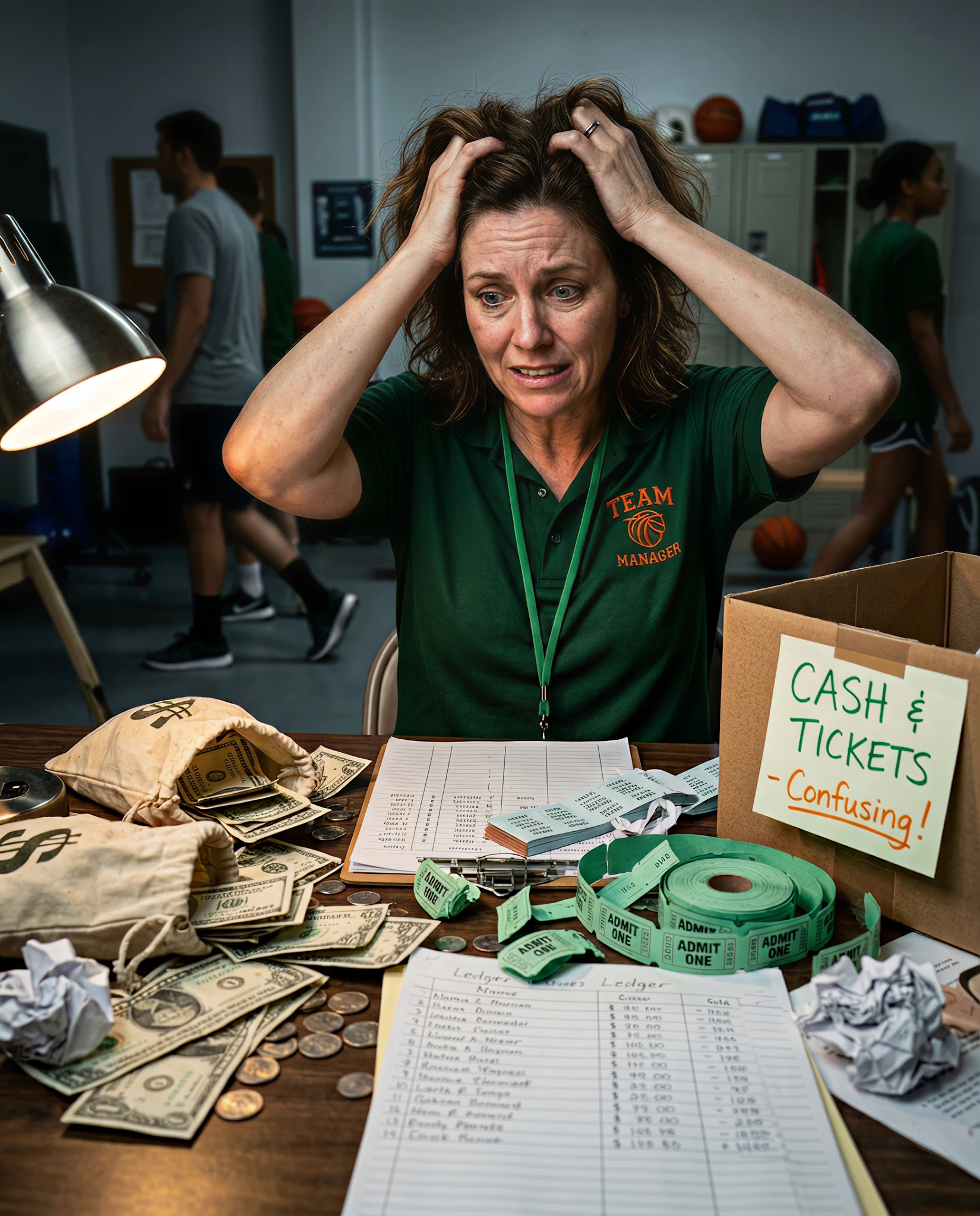 Overwhelmed volunteer at a table covered in cash, paper tickets, and handwritten tracking sheets