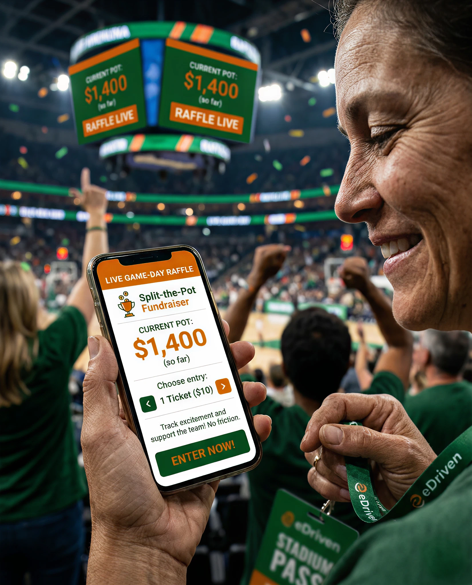 Fan at a game entering a split-the-pot raffle on her phone while the live pot total shows on arena screens
