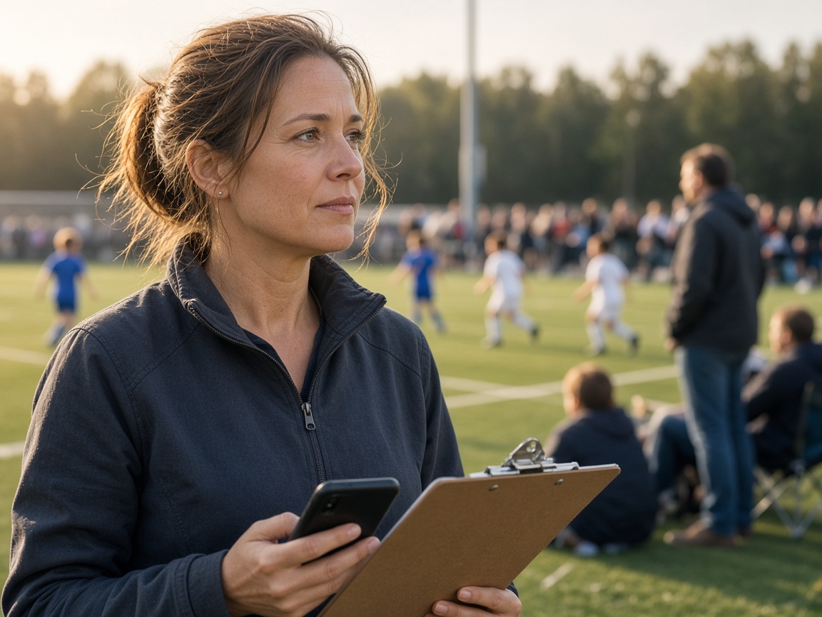 A volunteer holds a phone and clipboard while watching a youth soccer game