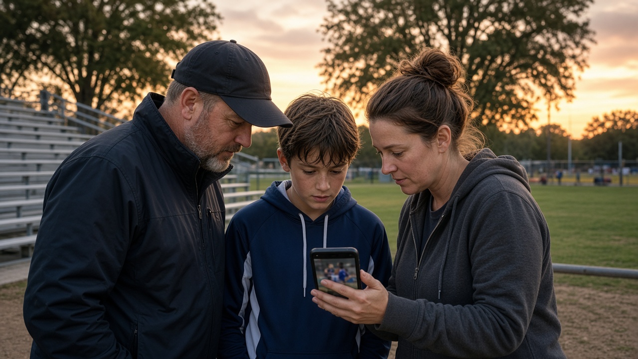 A coach, a young athlete, and a parent look at a phone together beside a community field
