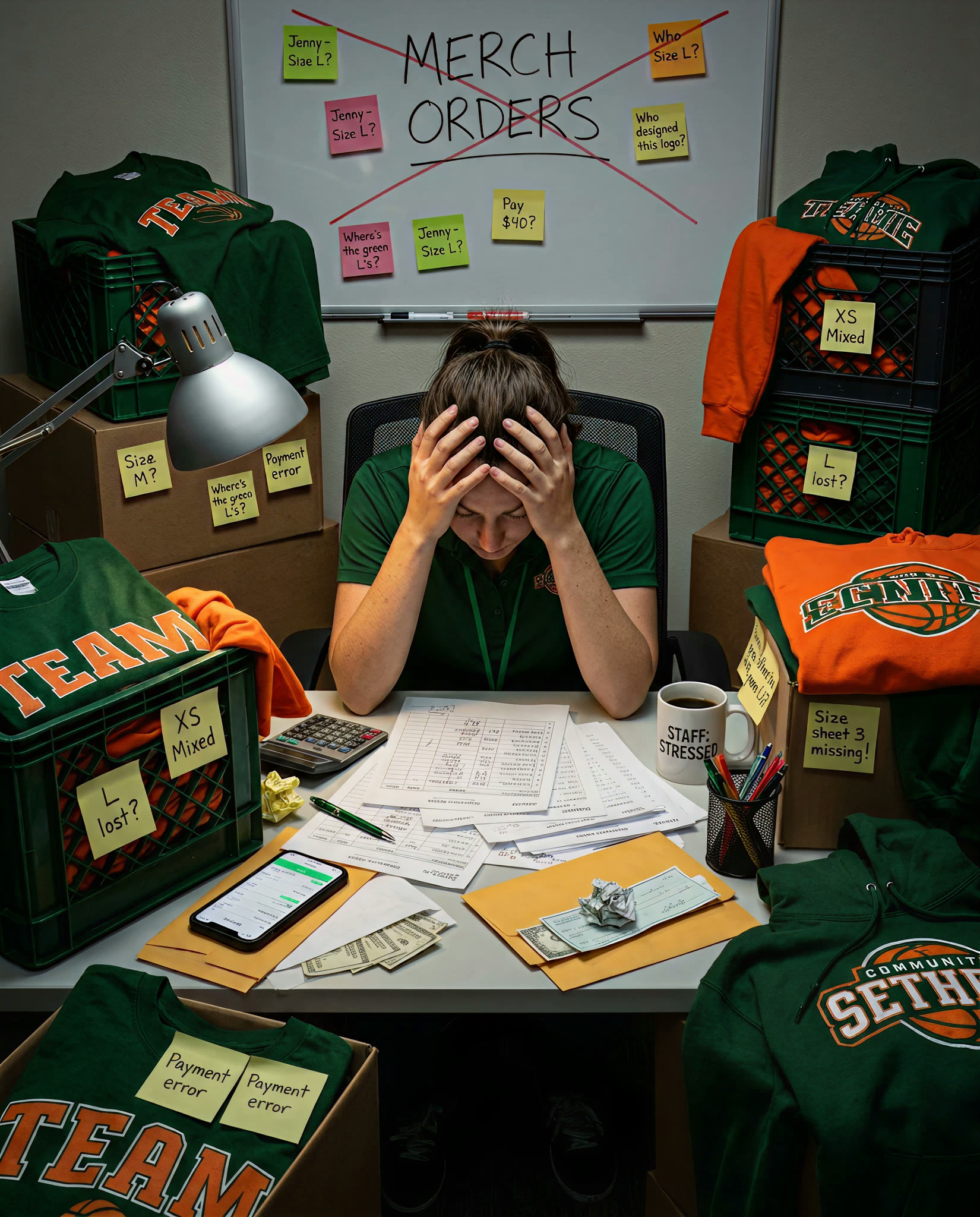 Overwhelmed merch volunteer at a desk surrounded by team apparel, order notes, and paperwork