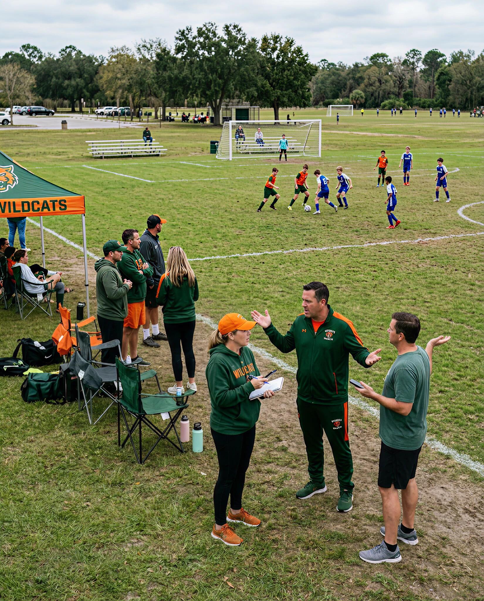 Coaches and parents at a youth soccer field without a scoreboard