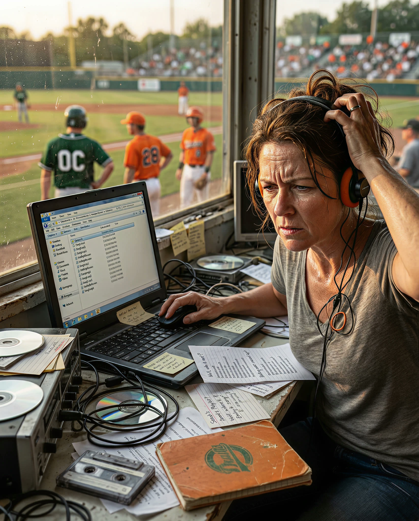 Stressed volunteer in a press box juggling a laptop, cables, CDs, and handwritten lineup notes